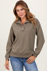 Olive Quilted Knit Snap Collar Pullover Top