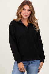 Black Quilted Knit Snap Collar Pullover Top