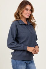 Charcoal Quilted Knit Snap Collar Pullover Top