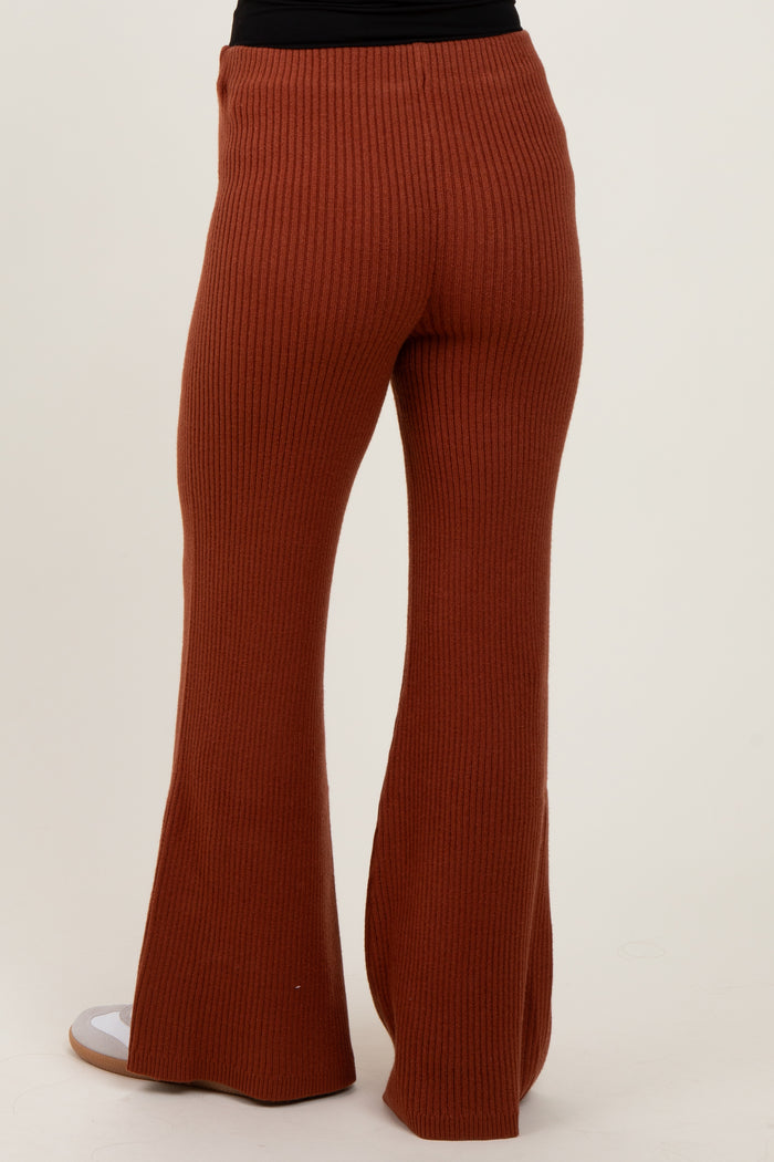 Rust Ribbed Knit Maternity Flare Pants