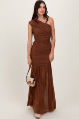 Mocha Ruched Mesh One Shoulder Maxi Dress