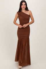 Mocha Ruched Mesh One Shoulder Maxi Dress