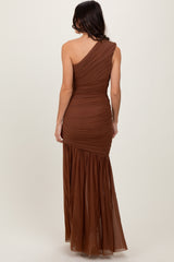 Mocha Ruched Mesh One Shoulder Maxi Dress