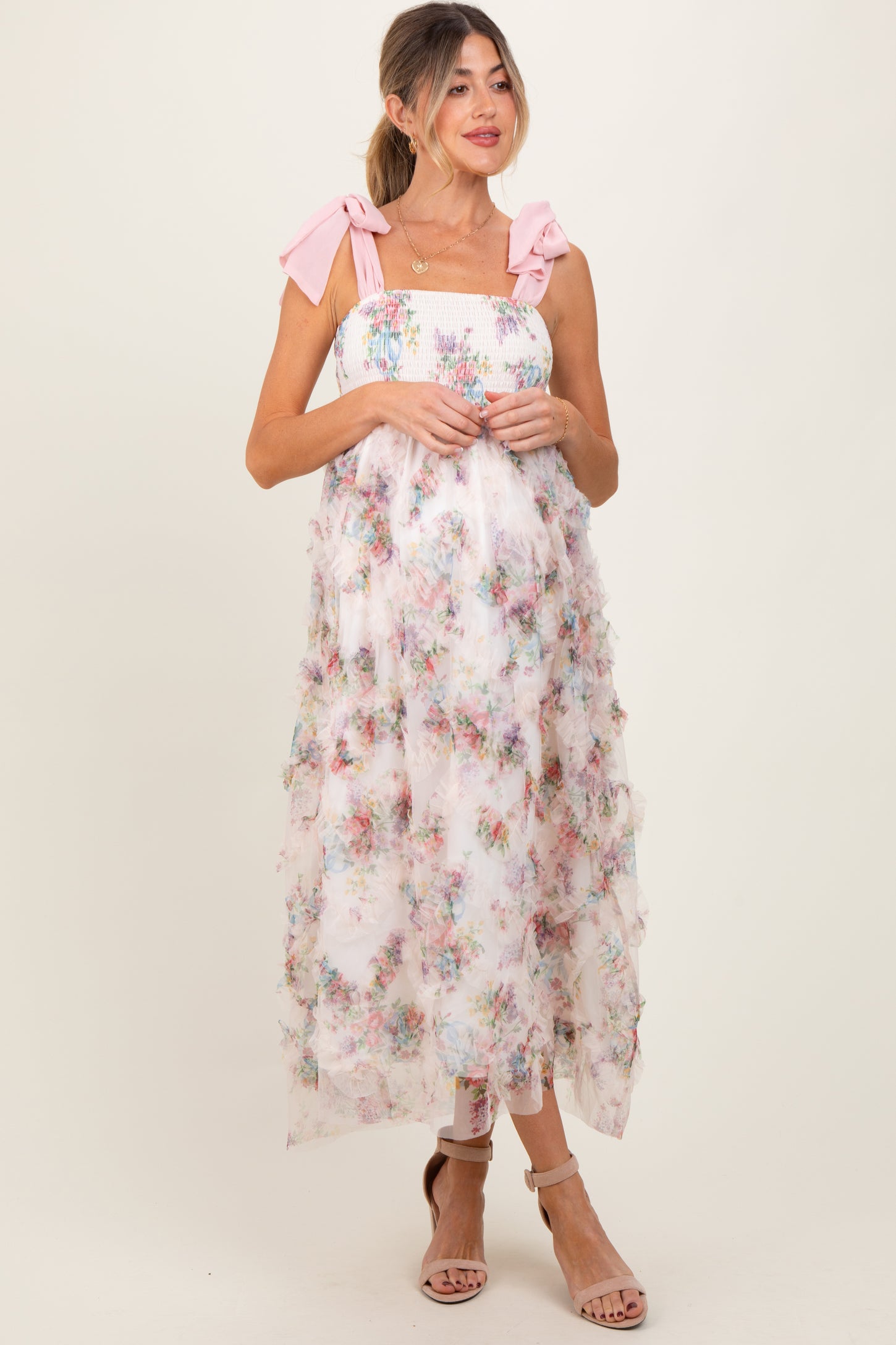 Cream Floral Smocked Shoulder Tie Ruffled Maternity Midi Dress