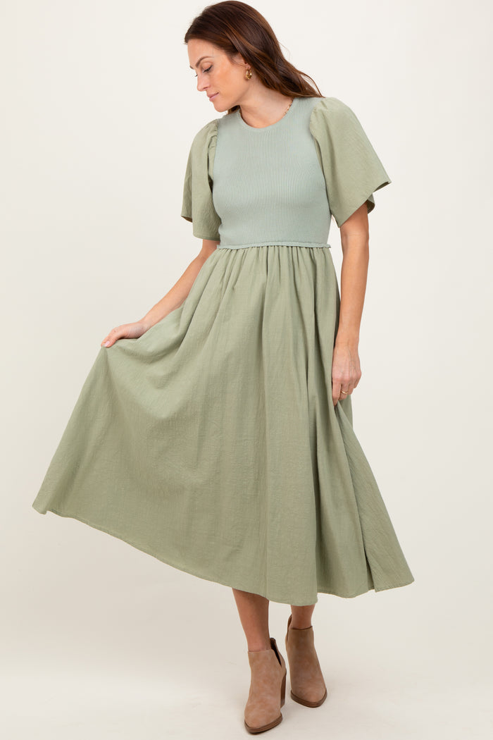 Light Olive Ribbed Knit Contrast Top Maternity Midi Dress