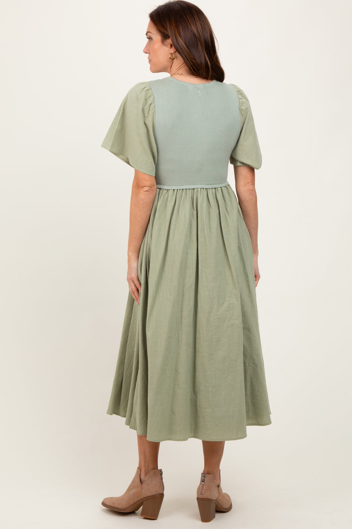 Light Olive Ribbed Knit Contrast Top Midi Dress