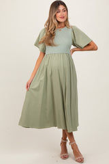 Light Olive Ribbed Knit Contrast Top Maternity Midi Dress
