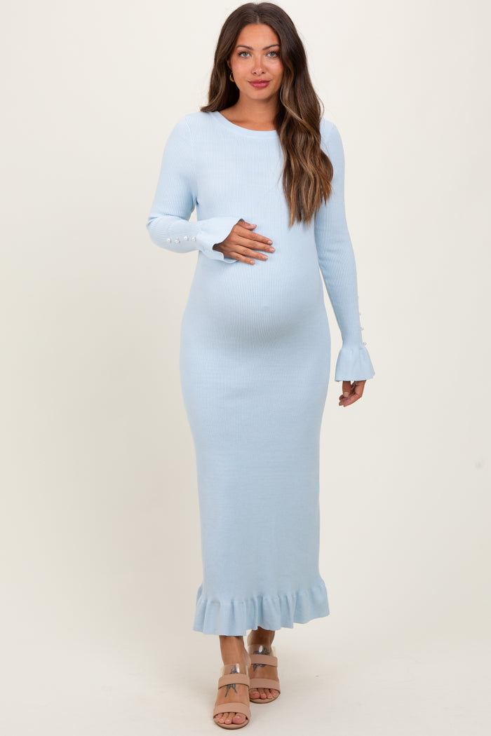 Light Blue Ribbed Knit Bow Back Maternity Maxi Dress