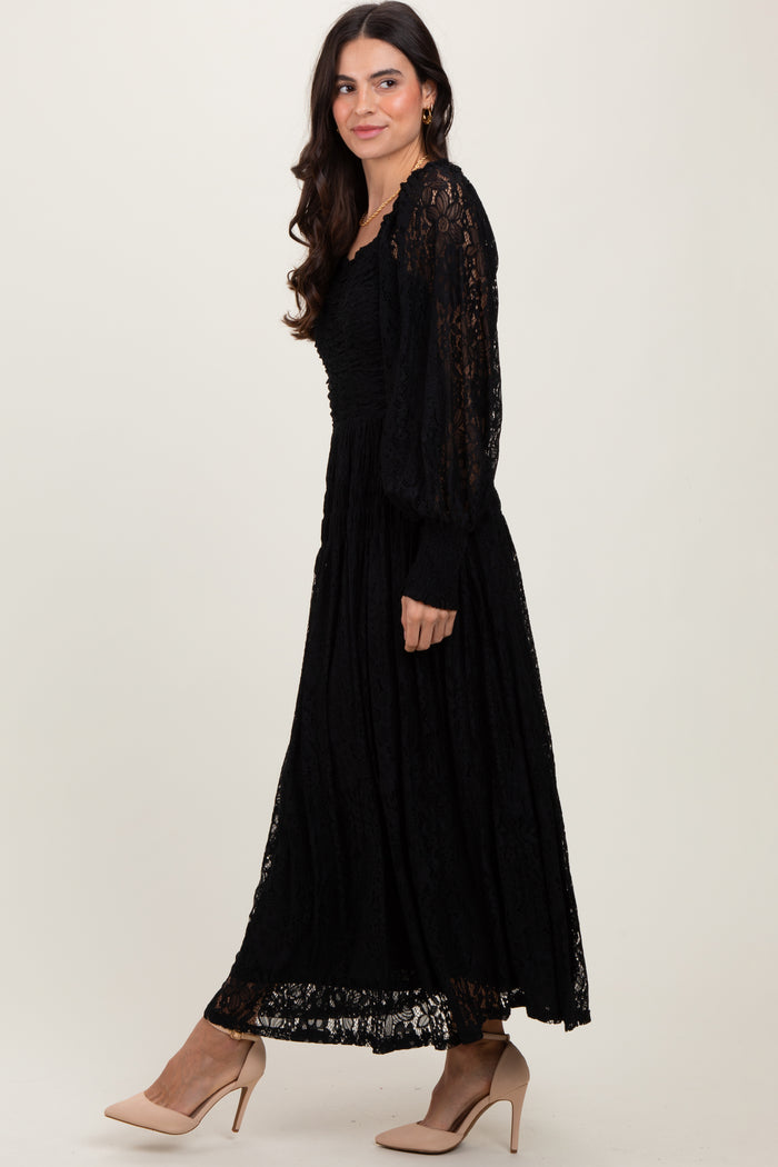 Black Lace Smocked Bubble Sleeve Maxi Dress