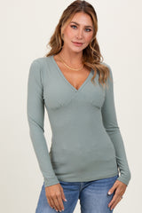 Light Olive Ribbed V-Neck Long Sleeve Top