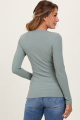 Light Olive Ribbed V-Neck Long Sleeve Top