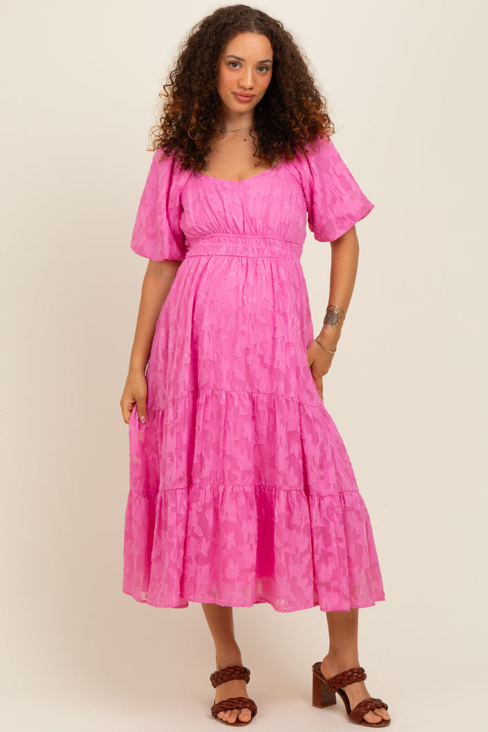 Pink Textured Floral Short Sleeve Maternity  Midi Dress