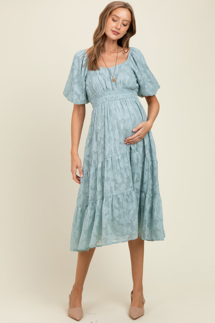 Light Blue Textured Floral Short Sleeve Maternity Midi Dress