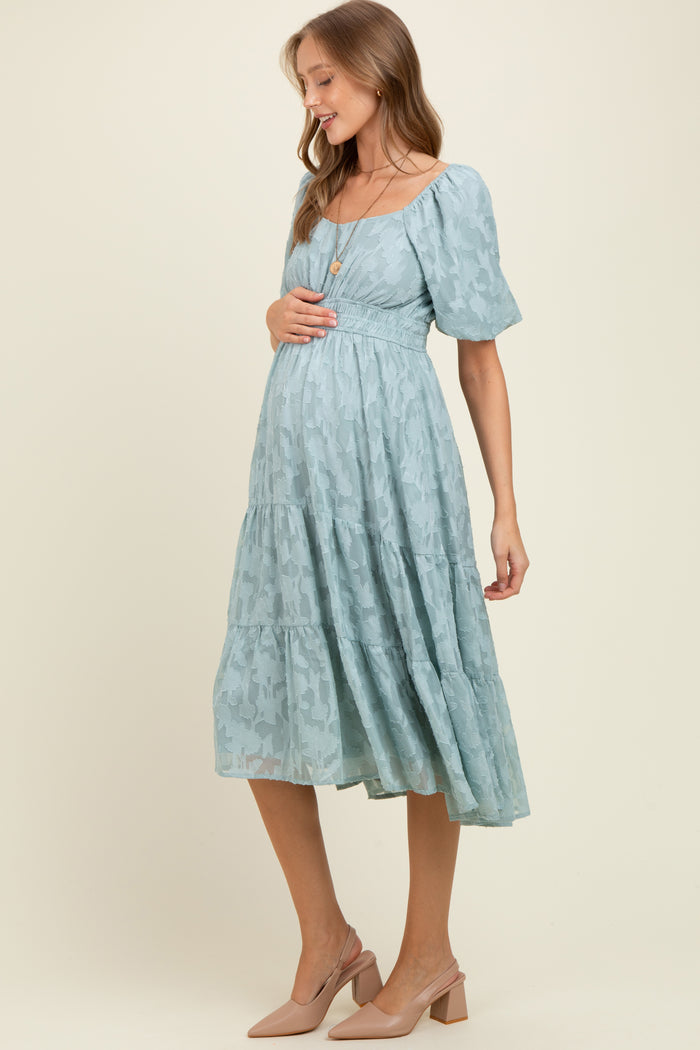 Light Blue Textured Floral Short Sleeve Maternity Midi Dress