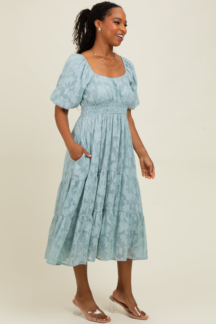 Light Blue Textured Floral Short Sleeve Midi Dress
