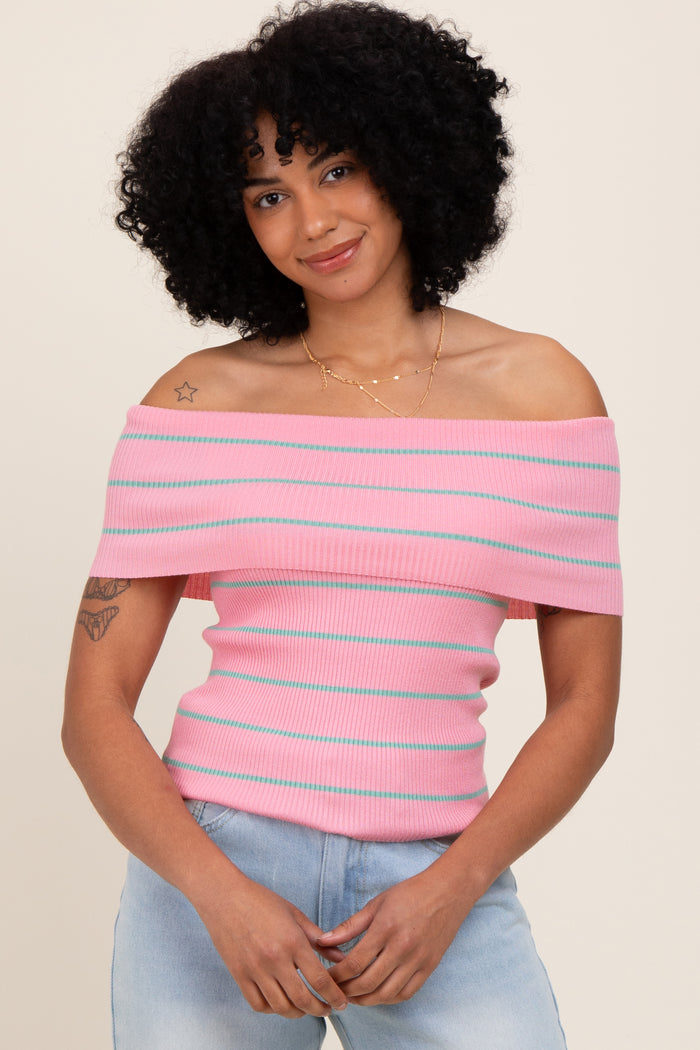 Light Pink Striped Off The Shoulder Sweater Maternity Top