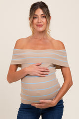 Taupe Striped Off The Shoulder Sweater Maternity Top