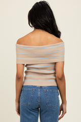 Taupe Striped Off The Shoulder Sweater Top
