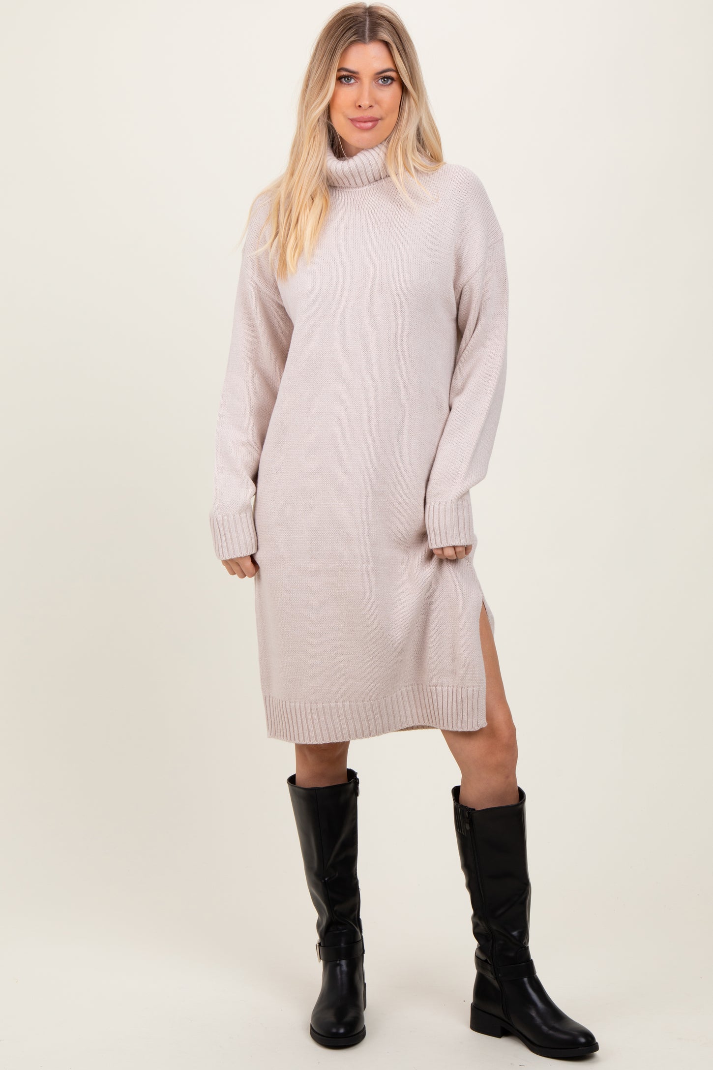 Beige Turtleneck Side Slit Midi Sweater Dress