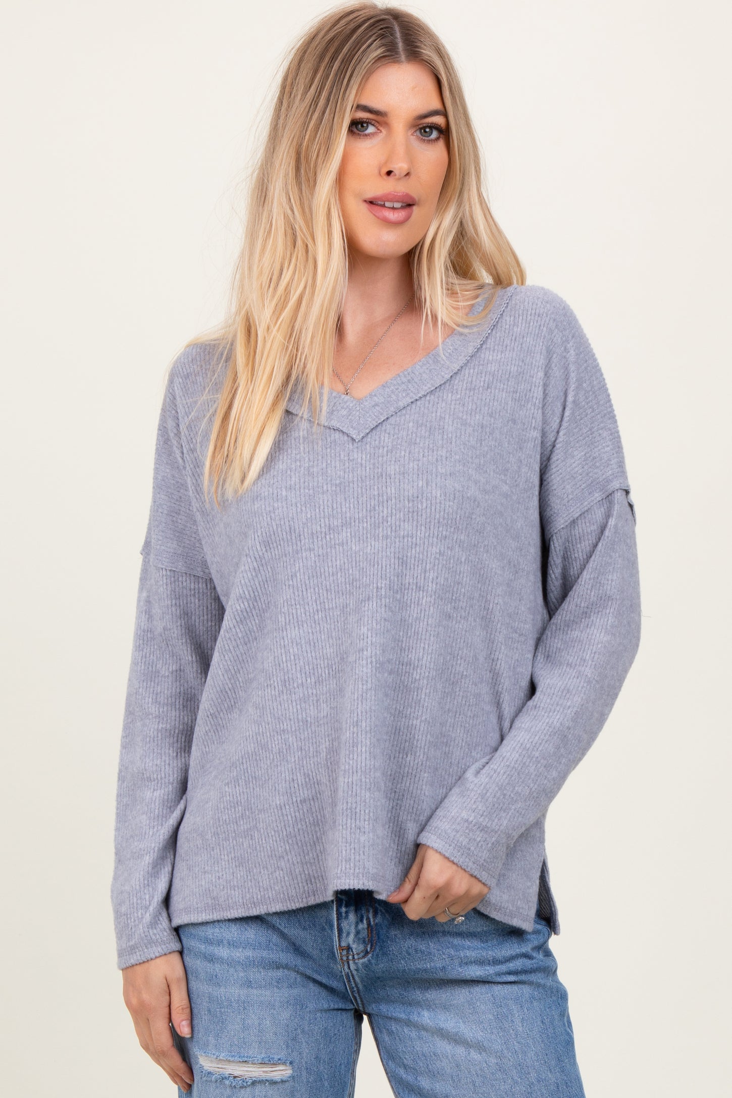Heather Grey Ribbed V-Neck Long Sleeve Maternity Top