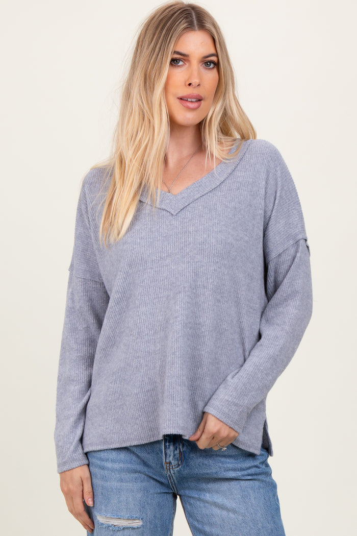 Heather Grey Ribbed V-Neck Long Sleeve Maternity Top