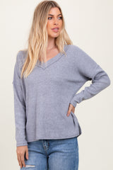 Heather Grey Ribbed V-Neck Long Sleeve Top