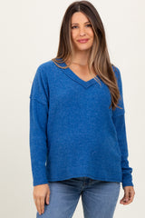 Royal Blue Ribbed V-Neck Long Sleeve Maternity Top