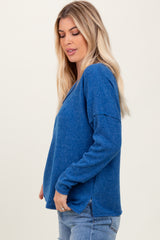 Royal Blue Ribbed V-Neck Long Sleeve Top