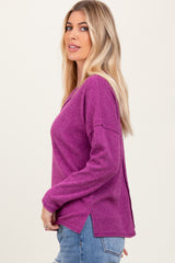 Magenta Ribbed V-Neck Long Sleeve Top