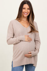 Taupe Front Seam V-Neck Side Slit Maternity Sweater