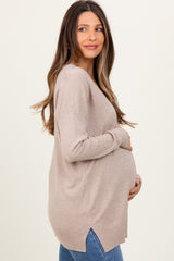 Taupe Front Seam V-Neck Side Slit Maternity Sweater