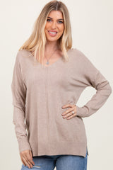 Taupe Front Seam V-Neck Side Slit Maternity Sweater