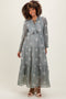 Gray Embroidered Tassel Tie Tiered Maternity Midi Dress