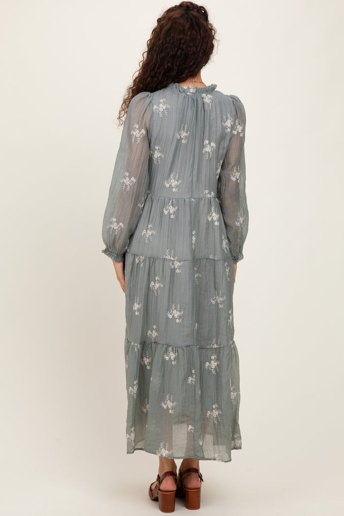 Gray Embroidered Tassel Tie Tiered Midi Dress