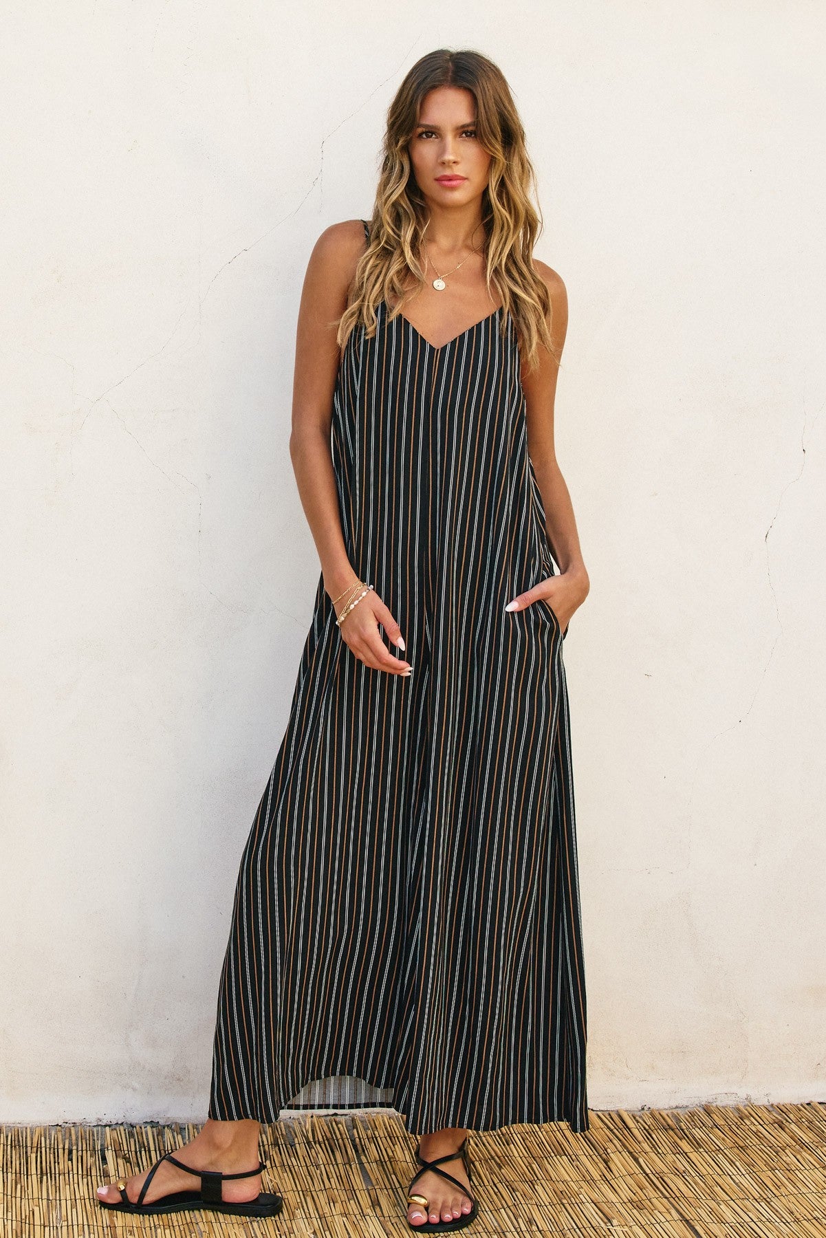Black Striped Wide Leg Sleeveless Jumpsuit