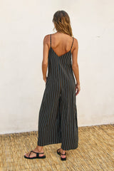 Black Striped Wide Leg Sleeveless Jumpsuit