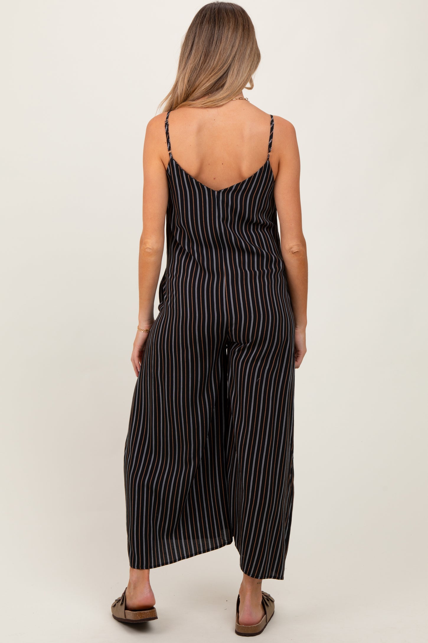 Black Striped Wide Leg Sleeveless Maternity Jumpsuit