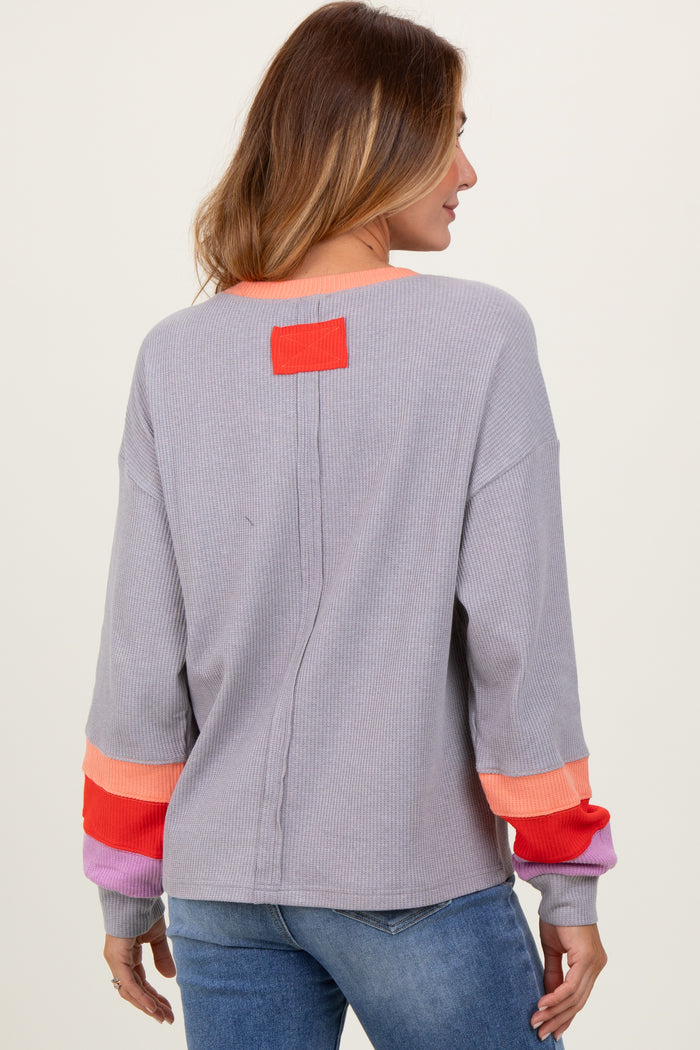 Heather Grey Waffle Knit Colorblock Long Sleeve Top