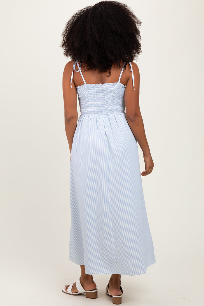 Blue Striped Shoulder Tie Smocked Maxi Dress