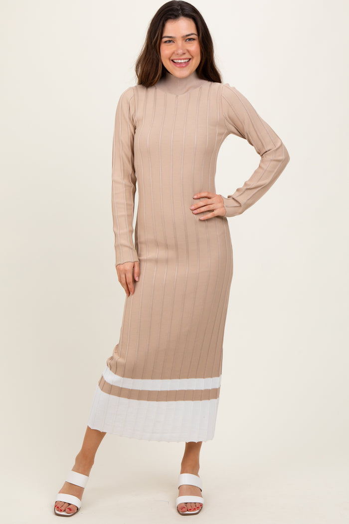 Beige Colorblock Hem Mock Neck Maternity Sweater Dress