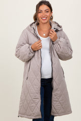 Light Mocha Quilted Long Maternity Puffer Jacket