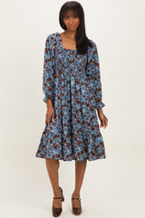 Blue Rose Smocked Velvet Bow Tie Maternity Midi Dress