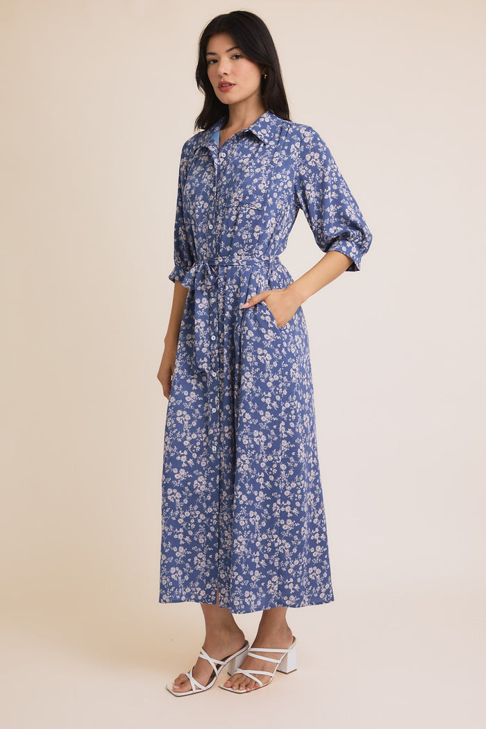 Blue Floral Button Down 3/4 Sleeve Maxi Dress