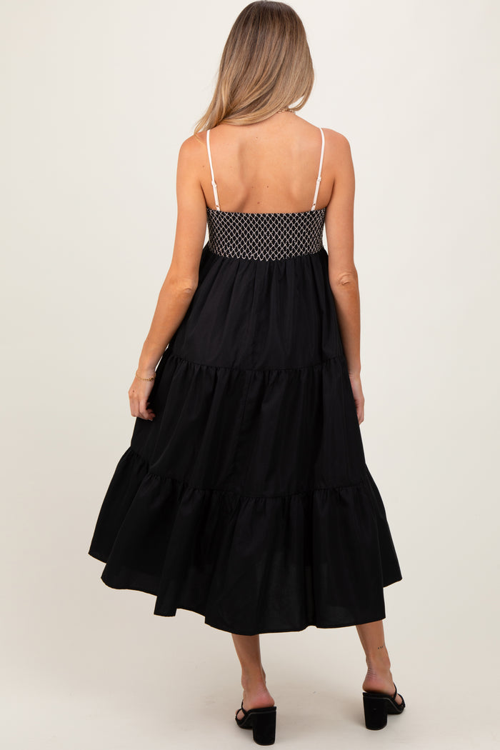 Black Lace Up Smocked Bodice Tiered Maternity Midi Dress