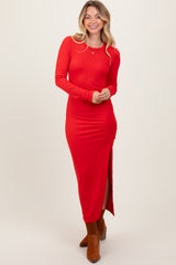 Red Ruched Tie Side Slit Maternity Midi Dress