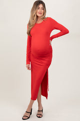 Red Ruched Tie Side Slit Maternity Midi Dress