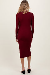 Burgundy Ribbed Knit Mock Neck Long Sleeve Maternity Midi Dress