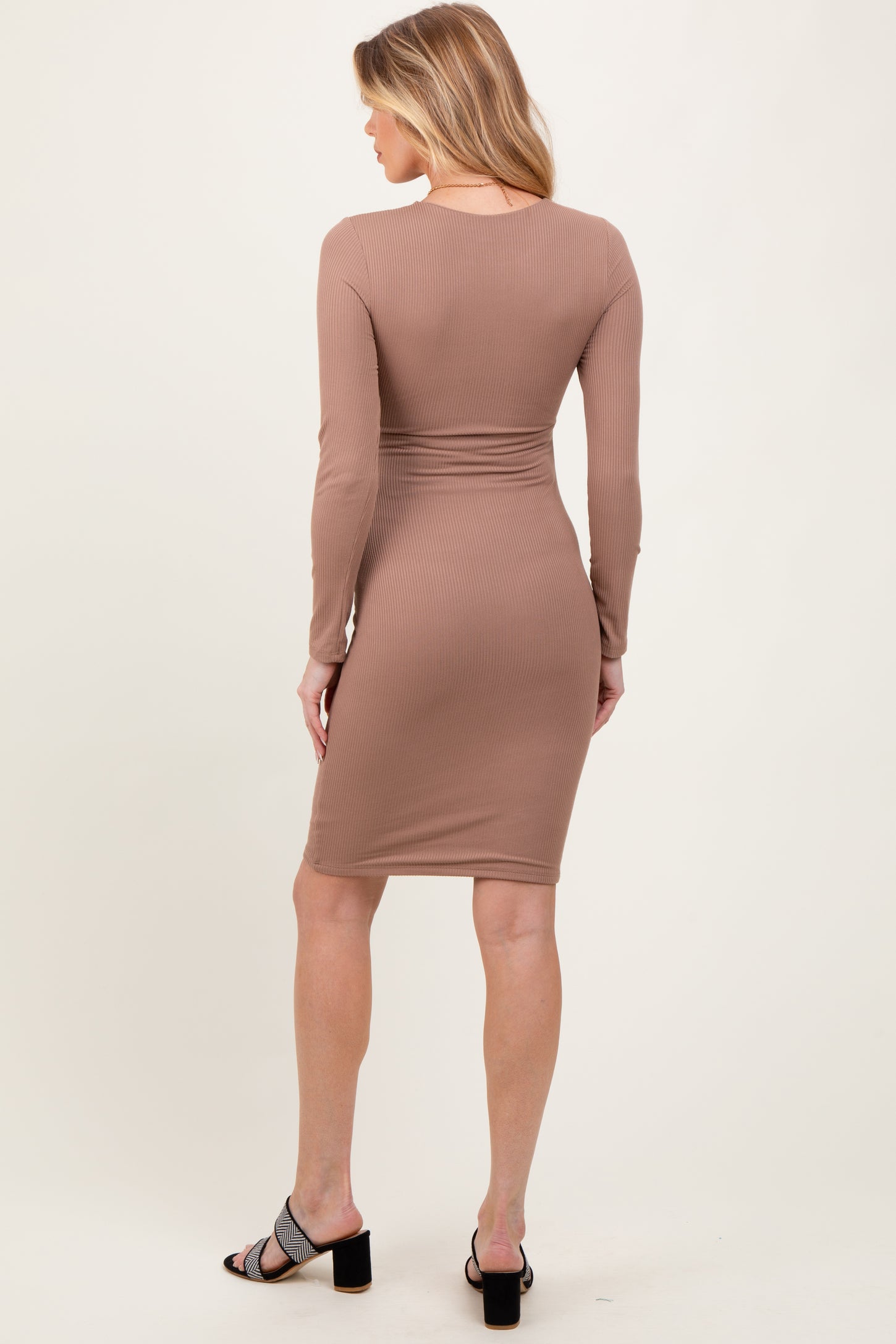 Mocha Crew Neck Double Layered Rib Maternity Mini Dress