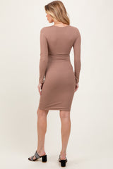 Mocha Crew Neck Double Layered Rib Maternity Mini Dress