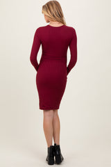 Burgundy Crew Neck Double Layered Rib Maternity Mini Dress